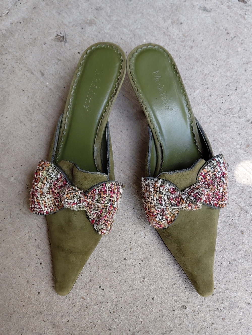 Madeline Abby Olive Suede Pointed-Toe Bow Heels